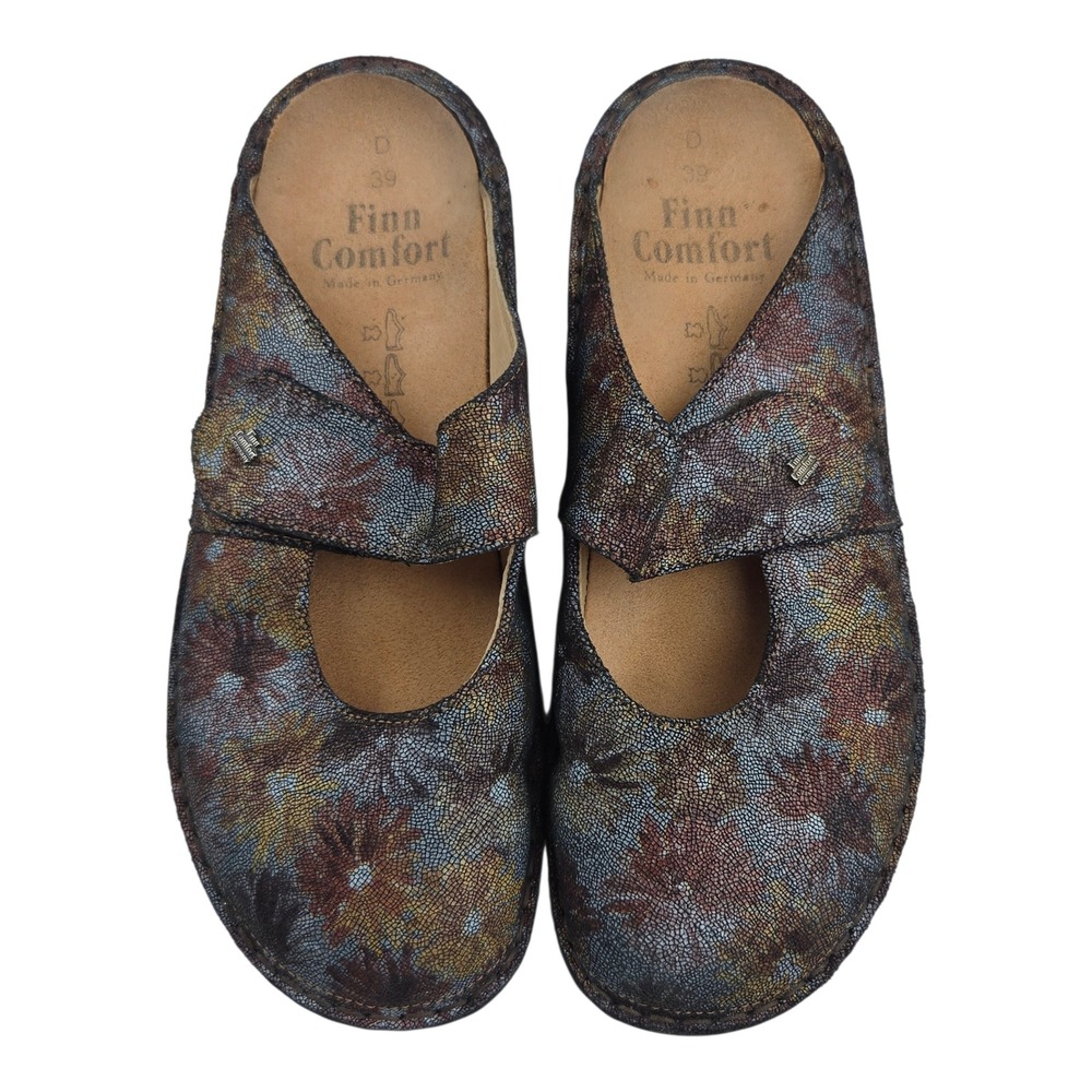 Finn Comfort Stanford Mary Jane Leather Clogs Mules US 8.5 EU 39 Metallic Floral